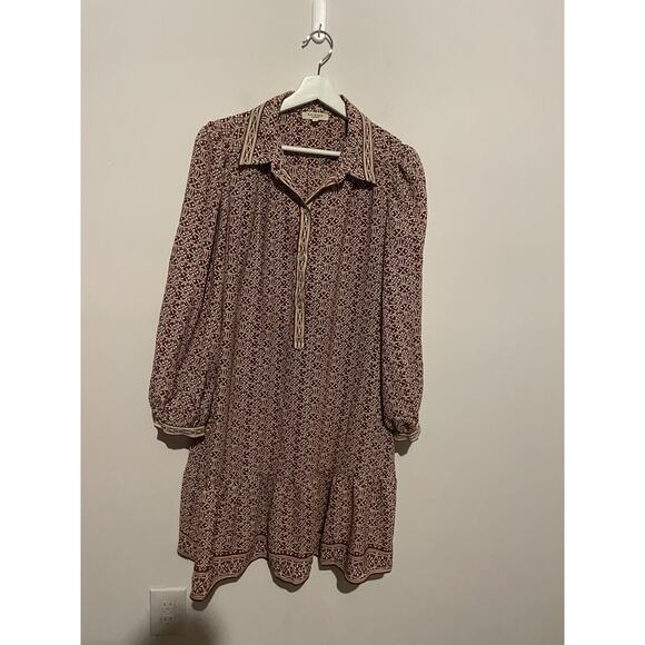 MAX STUDIO Red Pink Print Mini Shift Crepe Dress Large Coquette Flowy Boho - Picture 2 of 7